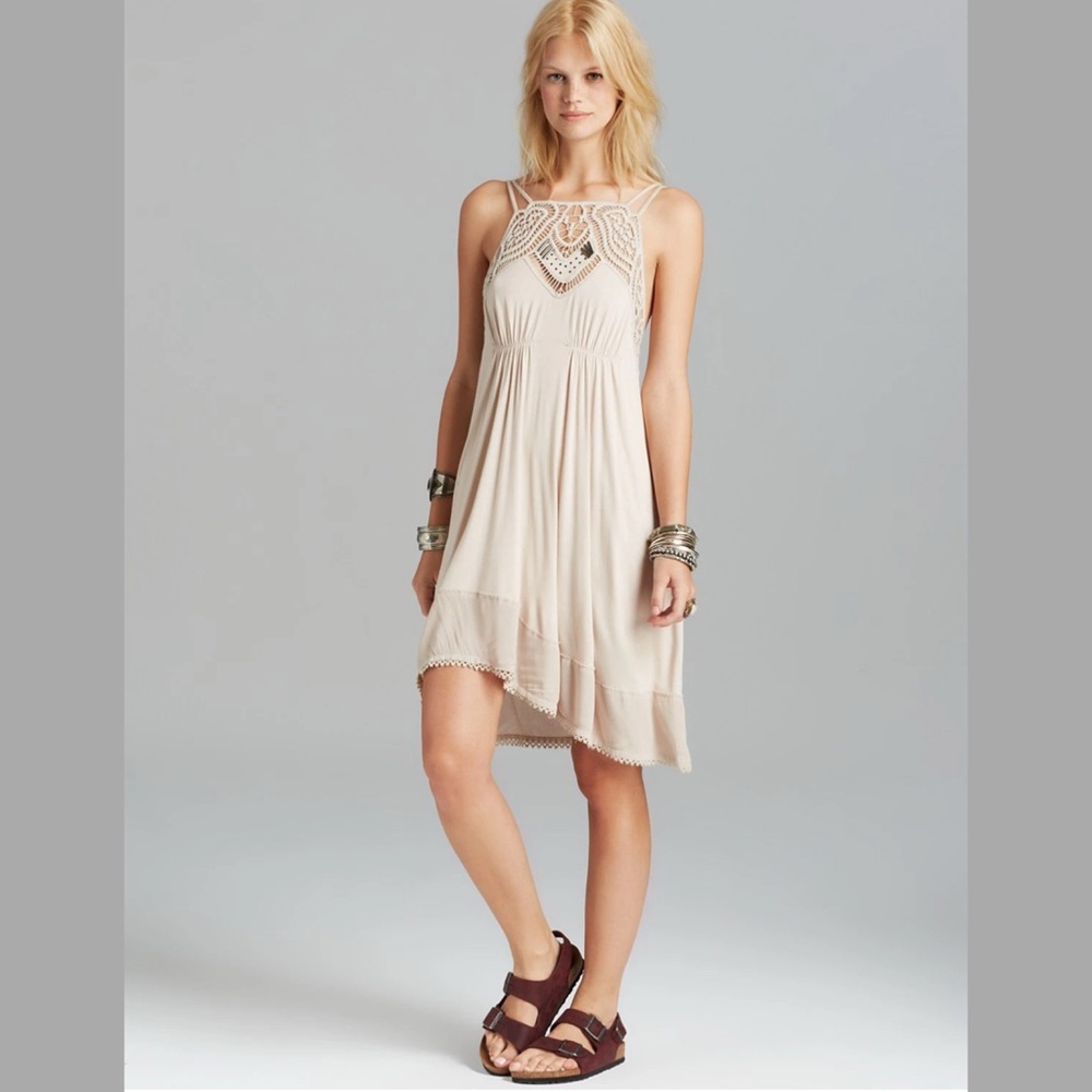 Free People Intimately Crochet Lace Trapeze Dress Taupe XS Mini Boho Festival‎